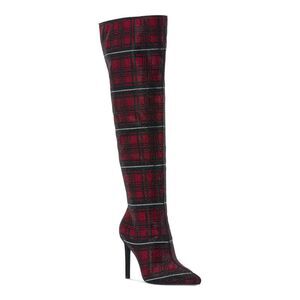 INC Womens Red Plaid Vented Back Goring Saveria Pointed Toe Stiletto Boots 6 M